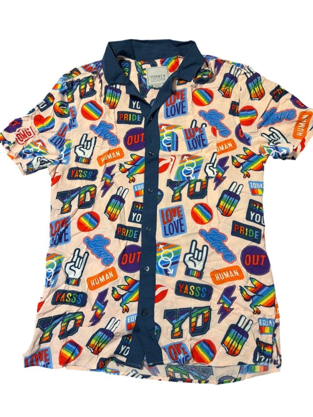 Trinity Collective Take Pride Button Up Shirt Rainbow Short Sleeves Rayon Sz M